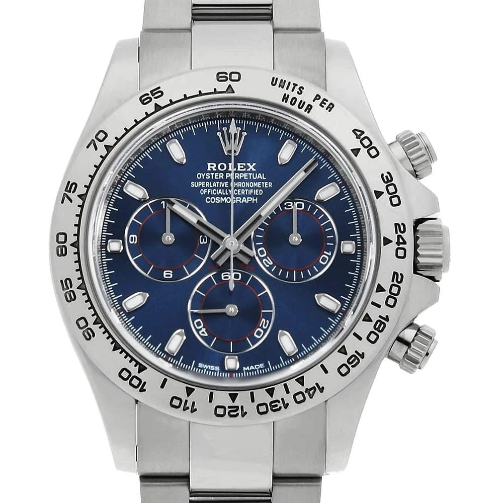 ROLEX COSMOGRAPH DAYTONA BLUE WATCH: ROLEx Cosmograph Daytona blue Watch Brand: ROLEx Type/Style: Wrist watch Material: Band Material White Gold, Case Material White Gold Color: Dial Color Blue Size: Case:WCircumference of Wrist:19.5cm