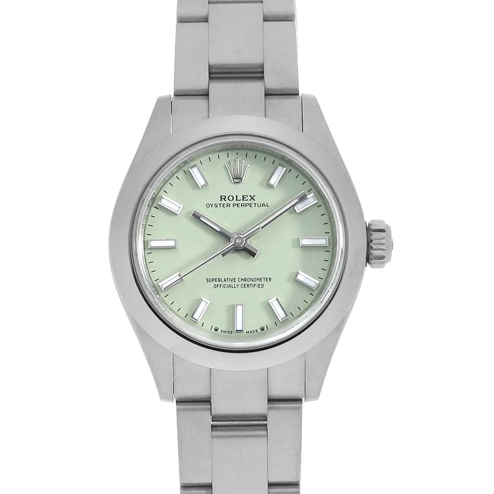 ROLEX OYSTER PERPETUAL PISTACHIO WATCH: ROLEx oyster perpetual pistachio Watch Brand: ROLEx Type/Style: Wrist watch Material: Band Material Stainless Steel, Case Material Stainless Steel Color: Dial Color Pistachio Size: Case:W28mm Circumfe