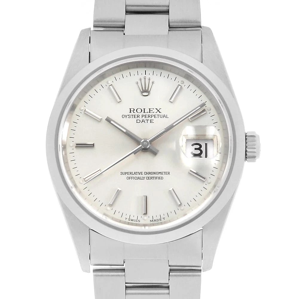 ROLEX OYSTER PERPETUAL DATE SILVER WATCH: ROLEx Oyster Perpetual Date Silver Watch Brand: ROLEx Type/Style: Wrist watch Material: Band Material Stainless Steel, Case Material Stainless Steel Color: Dial Color Silver Size: Case:W34mm Circumfer