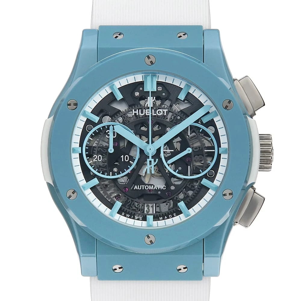 HUBLOT AEROFUSION CHRONOGRAPH LIGHT BLUE CERAMIC WATCH: HUBLOT Aerofusion Chronograph Light Blue Ceramic Watch Brand: HUBLOT Type/Style: Wrist watch Material: Band Material rubber, Case Material Ceramic Color: Dial Color Skeleton Size: Case:W45mm