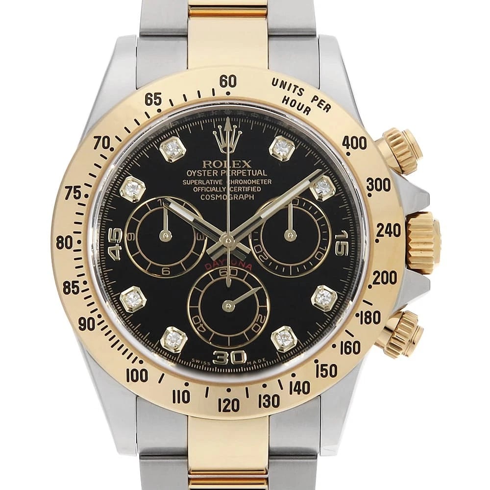 ROLEX COSMOGRAPH DAYTONA DIAMOND BLACK WATCH: ROLEx Cosmograph Daytona diamond black Watch Brand: ROLEx Type/Style: Wrist watch Material: Band Material Stainless Steel/Yellow Gold, Case Material Stainless Steel/Yellow Gold Color: Dial Color Black