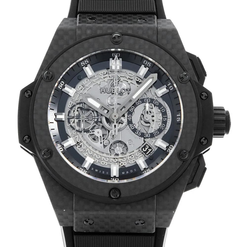 HUBLOT KING POWER UNICO WATCH: HUBLOT King Power Unico Watch Brand: HUBLOT Type/Style: Wrist watch Material: Band Material rubber, Case Material Carbon Color: Dial Color Skeleton Size: Case:W48mm Accessories: None Accessories