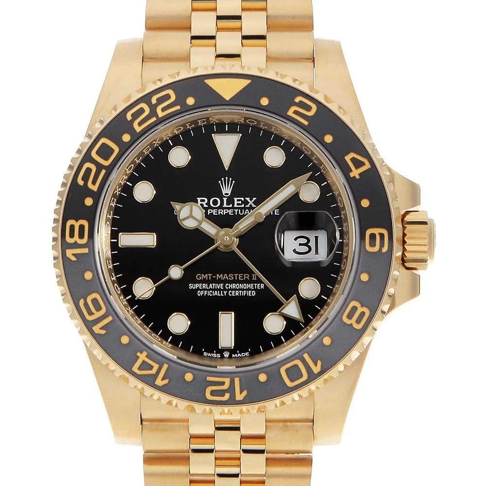 ROLEX GMT MASTER BLACK WATCH: ROLEx GMT Master black Watch Brand: ROLEx Type/Style: Wrist watch Material: Band Material Yellow Gold, Case Material Yellow Gold Color: Dial Color Black Size: Case:WCircumference of Wrist:19cm Acc