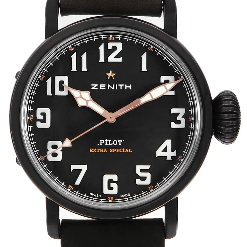 ZENITH PILOT STAINLESS STEEL WATCH: ZENITH Pilot Stainless Steel Watch Brand: ZENITH Type/Style: Wrist watch Material: Band Material Calfskin, Case Material Stainless Steel Color: Dial Color Black Size: Case:W45mm Accessories: None