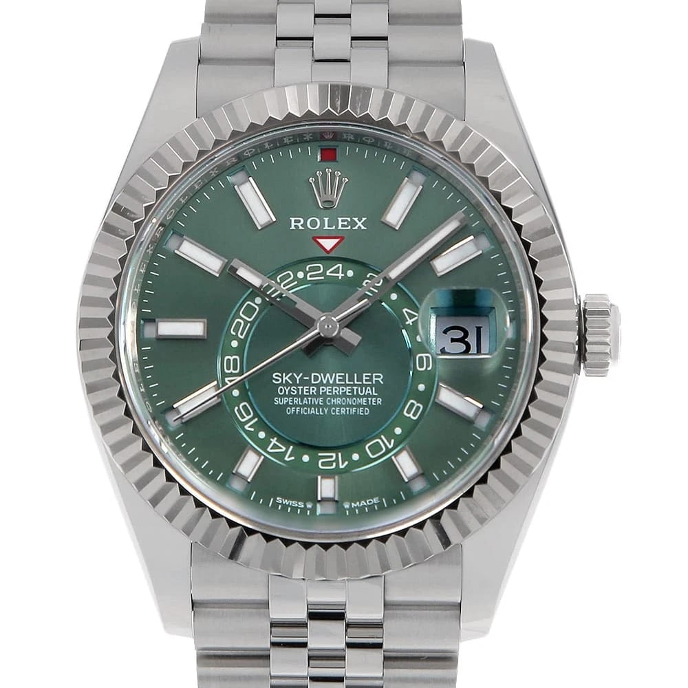 ROLEX SKY-DWELLER MINT GREEN WATCH: ROLEx SKY-DWELLER Mint green Watch Brand: ROLEx Type/Style: Wrist watch Material: Band Material Stainless Steel, Case Material Stainless Steel/White gold Color: Dial Color Mint Green Size: Case:W42mm 