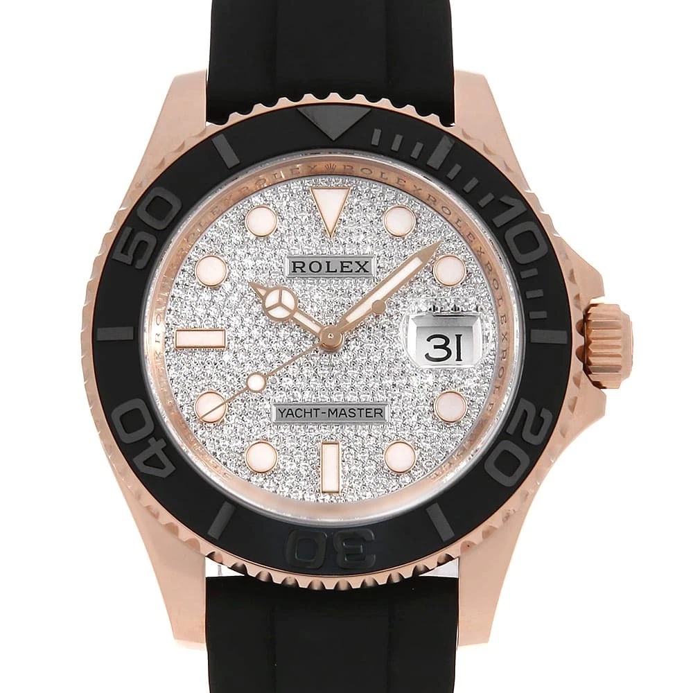 ROLEX YACHT MASTER PAVE DIAMOND WATCH: ROLEx Yacht master Pave Diamond Watch Brand: ROLEx Type/Style: Wrist watch Material: Band Material rubber, Case Material Everose Gold Color: Dial Color Diamonds Size: Case:WCircumference of Wrist:17.5