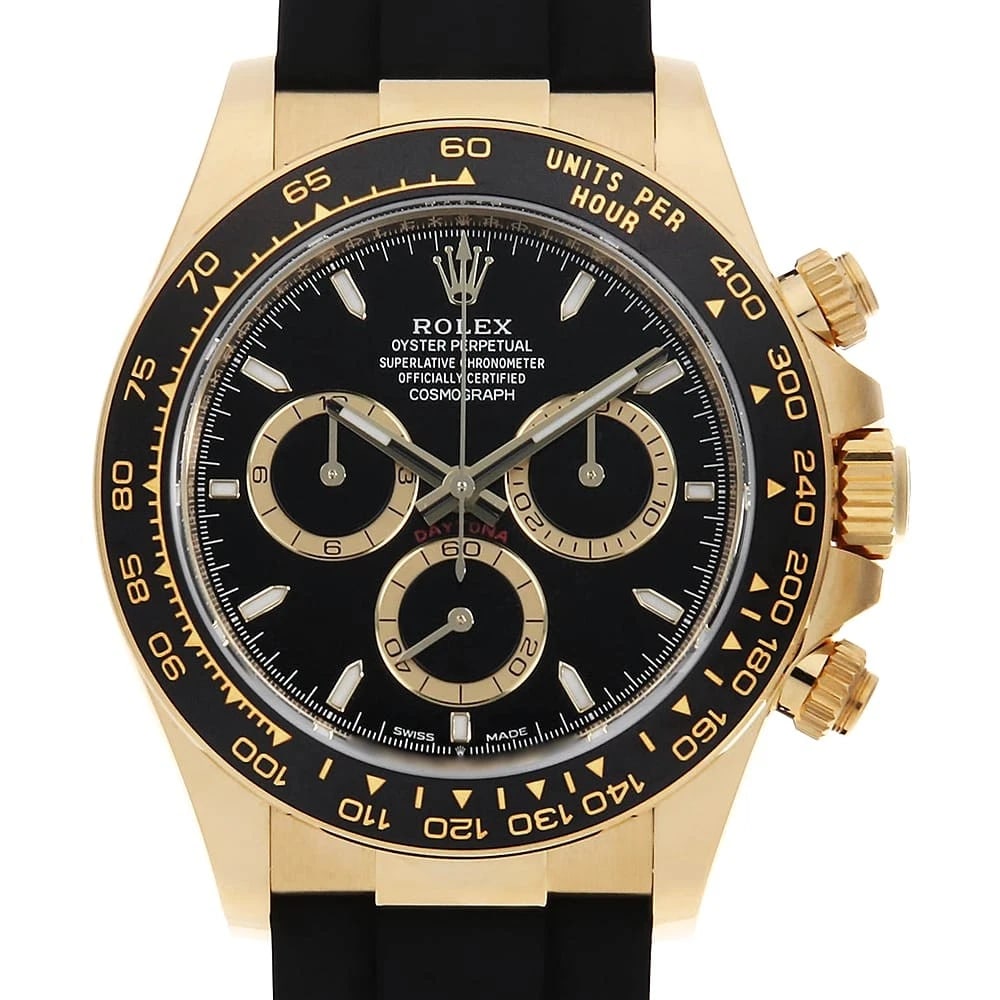 ROLEX COSMOGRAPH DAYTONA BLACK WATCH: ROLEx Cosmograph Daytona black Watch Brand: ROLEx Type/Style: Wrist watch Material: Band Material rubber, Case Material Yellow Gold Color: Dial Color Black Size: Case:WCircumference of Wrist:19cm