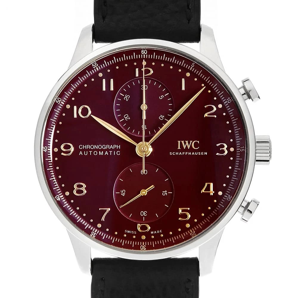 IWC PORTUGIESER CHRONOGRAPH WATCH: IWC Portugieser Chronograph Watch Brand: IWC Type/Style: Wrist watch Material: Band Material Calfskin, Case Material Stainless Steel Color: Dial Color Red Size: Case:W41mm Accessories: None