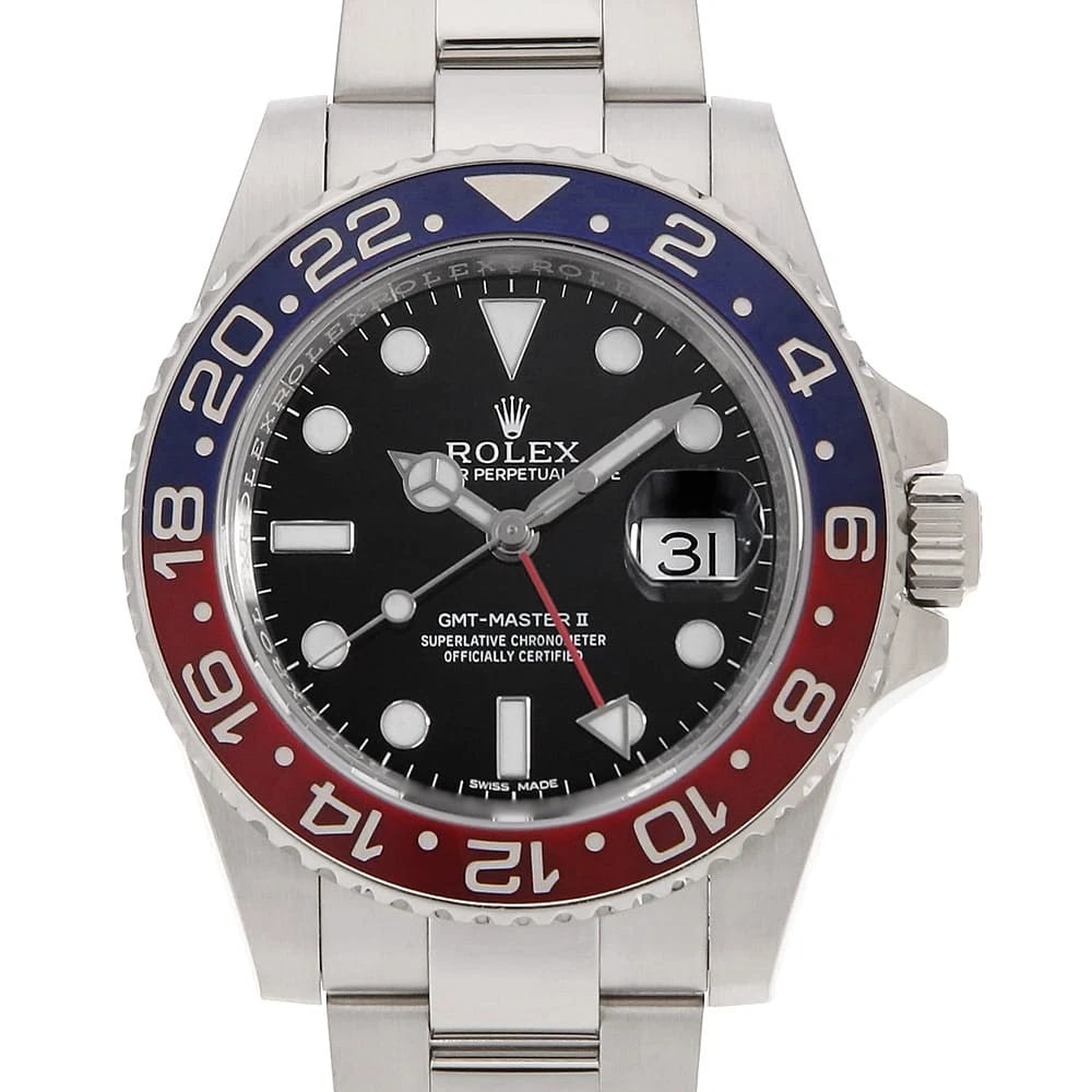 ROLEX GMT MASTER BLACK WATCH: ROLEx GMT Master black Watch Brand: ROLEx Type/Style: Wrist watch Material: Band Material White Gold, Case Material White Gold Color: Dial Color Black Size: Case:WCircumference of Wrist:19cm Acces