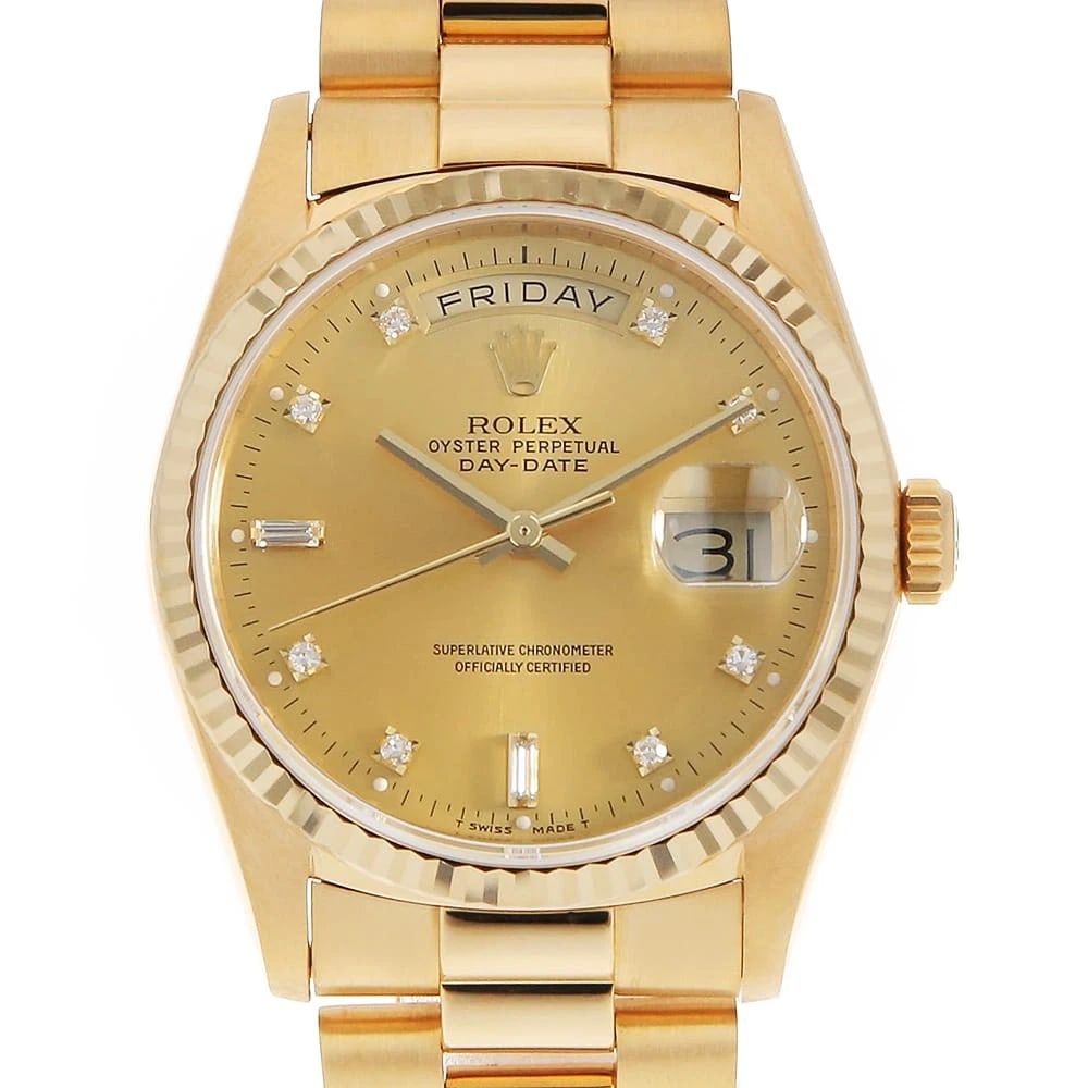 ROLEX DATE DIAMOND CHAMPAGNE WATCH: ROLEx Date Diamond Champagne Watch Brand: ROLEx Type/Style: Wrist watch Material: Band Material Yellow Gold, Case Material Yellow Gold Color: Dial Color Champagne Gold Size: Case:W36mm Circumference