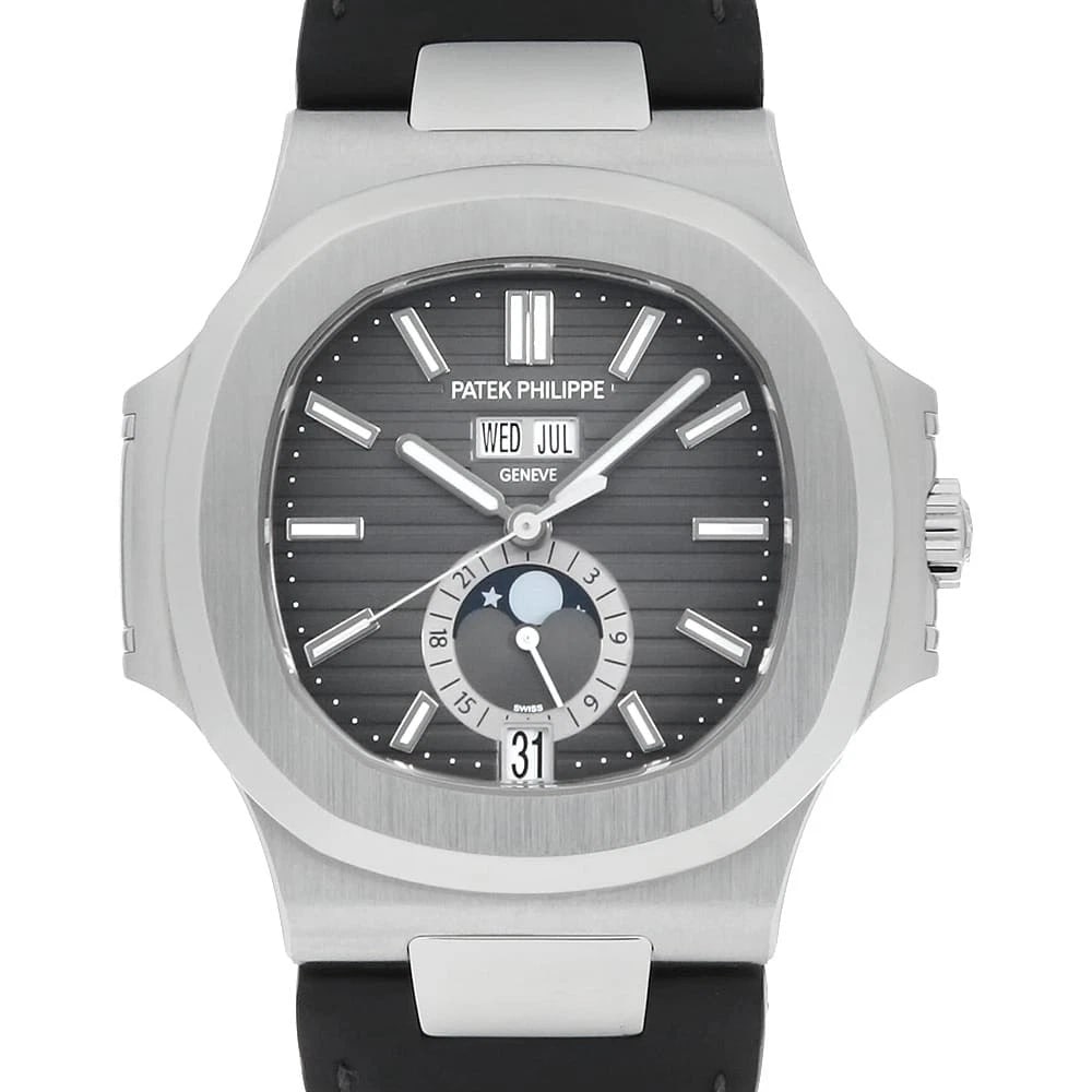 PATEK PHILIPPE NAUTILUS MOON PHASE STAINLESS STEEL WATCH: PATEK PHILIPPE Nautilus Moon Phase Stainless Steel Watch Brand: PATEK PHILIPPE Type/Style: Wrist watch Material: Band Material rubber, Case Material Stainless Steel Color: Dial Color Gray Size: