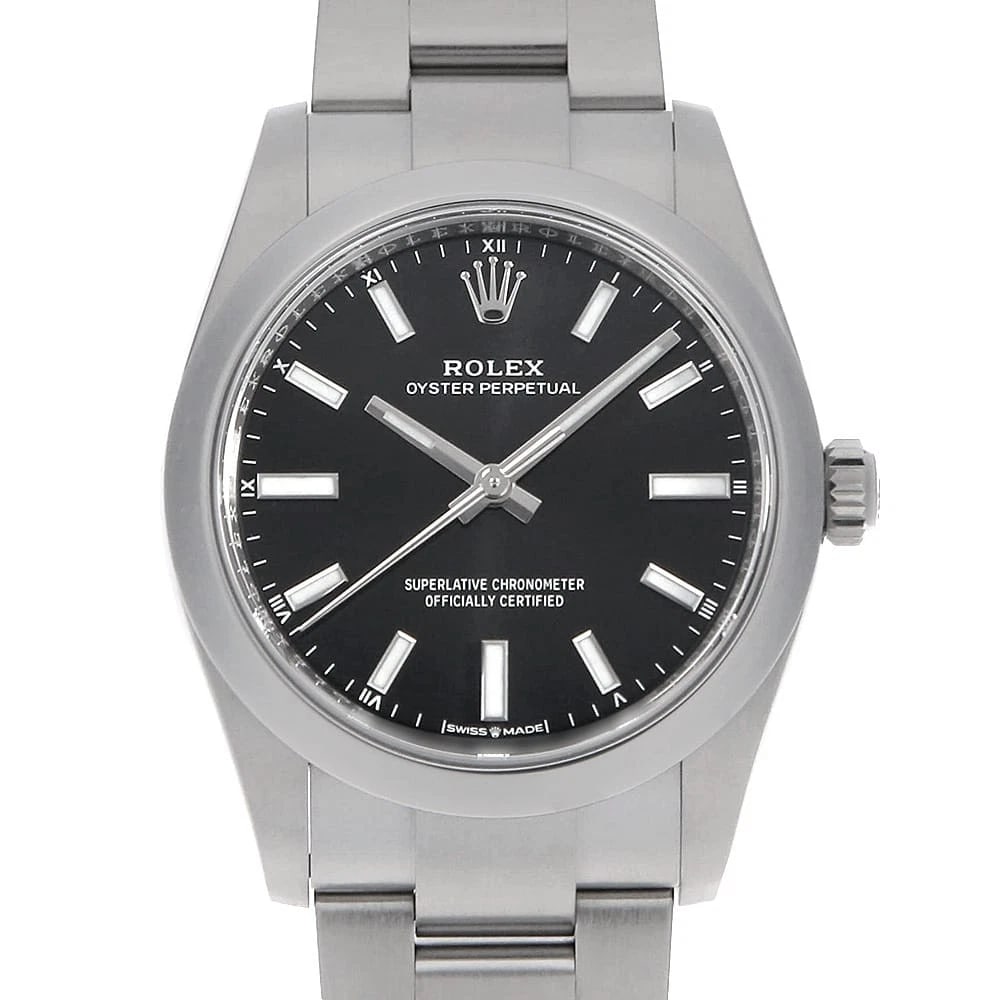 ROLEX OYSTER PERPETUAL BLACK STAINLESS STEEL WATCH: ROLEx Oyster perpetual black Stainless Steel Watch Brand: ROLEx Type/Style: Wrist watch Material: Band Material Stainless Steel, Case Material Stainless Steel Color: Dial Color Black Size: Case:W34mm