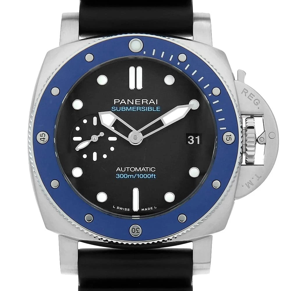 PANERAI SUBMERSIBLE AZZURRO STAINLESS STEEL WATCH: PANERAI Submersible Azzurro Stainless Steel Watch Brand: PANERAI Type/Style: Wrist watch Material: Band Material rubber, Case Material Stainless Steel Color: Dial Color Black Size: Case:W42mm Acce