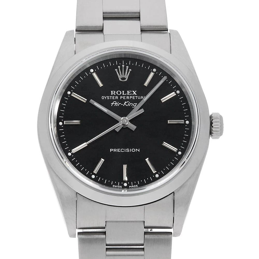 ROLEX AIR KING BLACK WATCH: ROLEx Air king black Watch Brand: ROLEx Type/Style: Wrist watch Material: Band Material Stainless Steel, Case Material Stainless Steel Color: Dial Color Black Size: Case:W34mm Circumference of Wrist:1