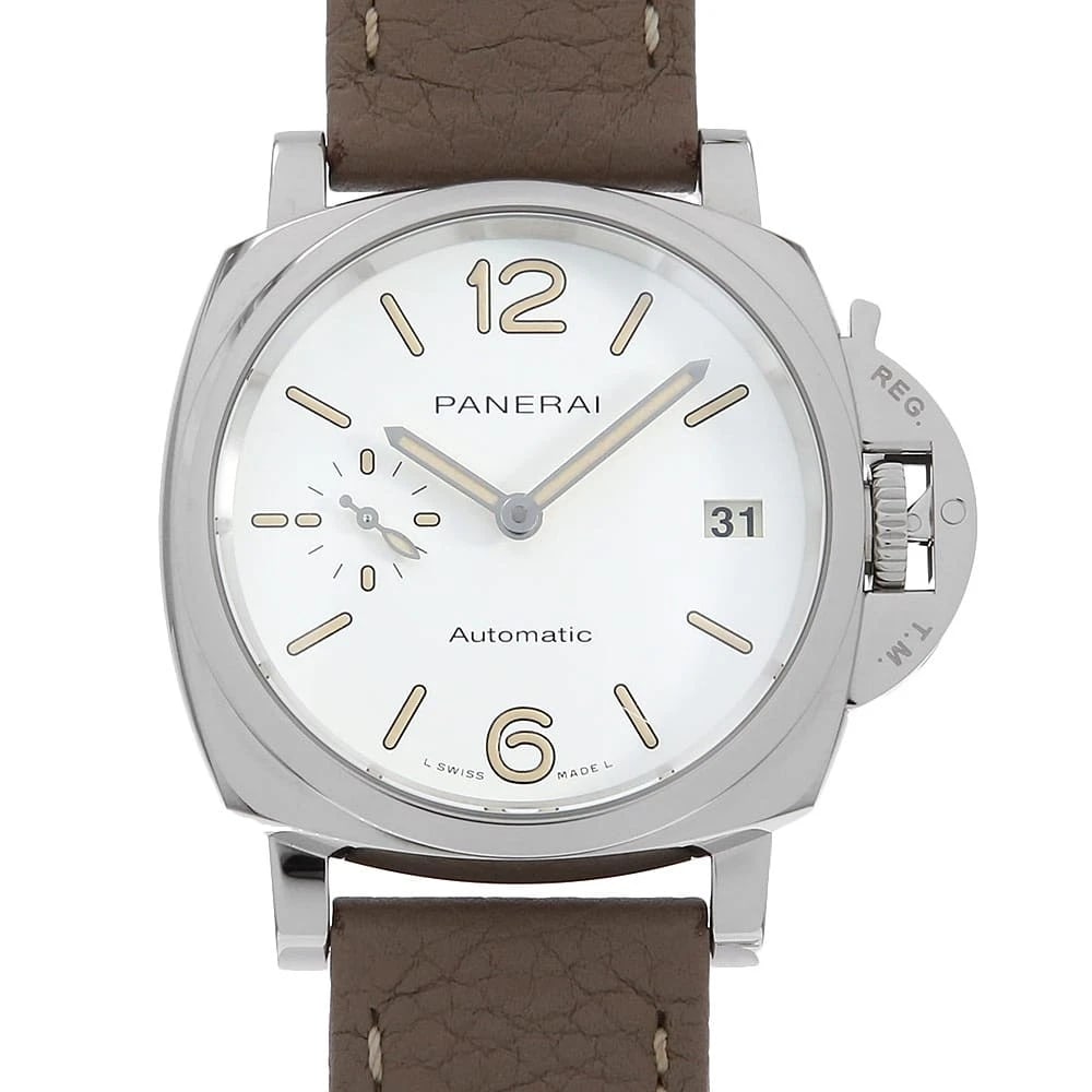 PANERAI LUMINOR STAINLESS STEEL WATCH: PANERAI Luminor Stainless Steel Watch Brand: PANERAI Type/Style: Wrist watch Material: Band Material Calfskin, Case Material Stainless Steel Color: Dial Color White Size: Case:W38mm Accessories: N