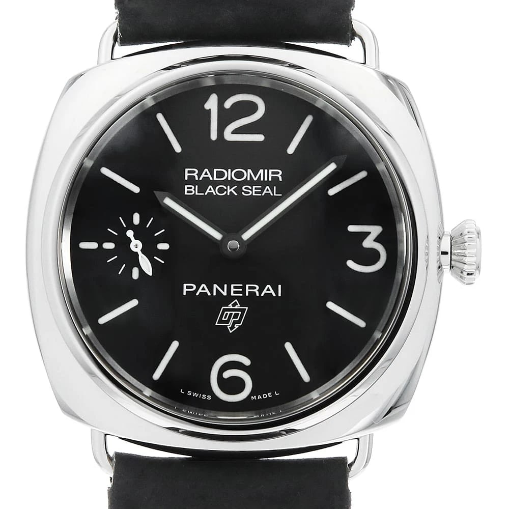 PANERAI RADIOMIR BLACK STAINLESS STEEL WATCH: PANERAI Radiomir Black Stainless Steel Watch Brand: PANERAI Type/Style: Wrist watch Material: Band Material Calfskin, Case Material Stainless Steel Color: Dial Color Black Size: Case:W45mm Accesso