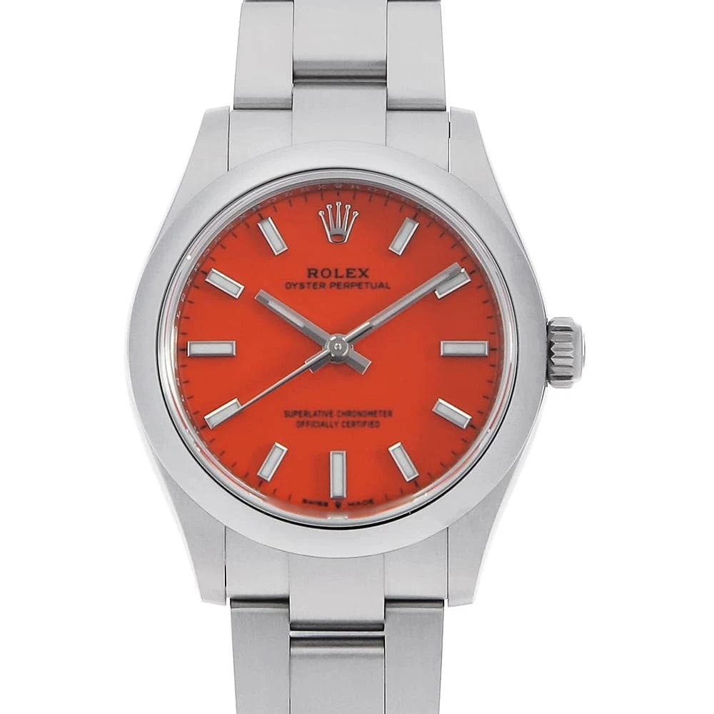 ROLEX OYSTER PERPETUAL CORAL RED STAINLESS STEEL WATCH: ROLEx Oyster Perpetual Coral red Stainless Steel Watch Brand: ROLEx Type/Style: Wrist watch Material: Band Material Stainless Steel, Case Material Stainless Steel Color: Dial Color Coral red Size: Cas