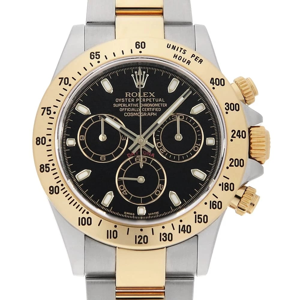 ROLEX COSMOGRAPH DAYTONA BLACK WATCH: ROLEx Cosmograph Daytona black Watch Brand: ROLEx Type/Style: Wrist watch Material: Band Material Stainless Steel/Yellow Gold, Case Material Stainless Steel/Yellow Gold Color: Dial Color Black Size: C