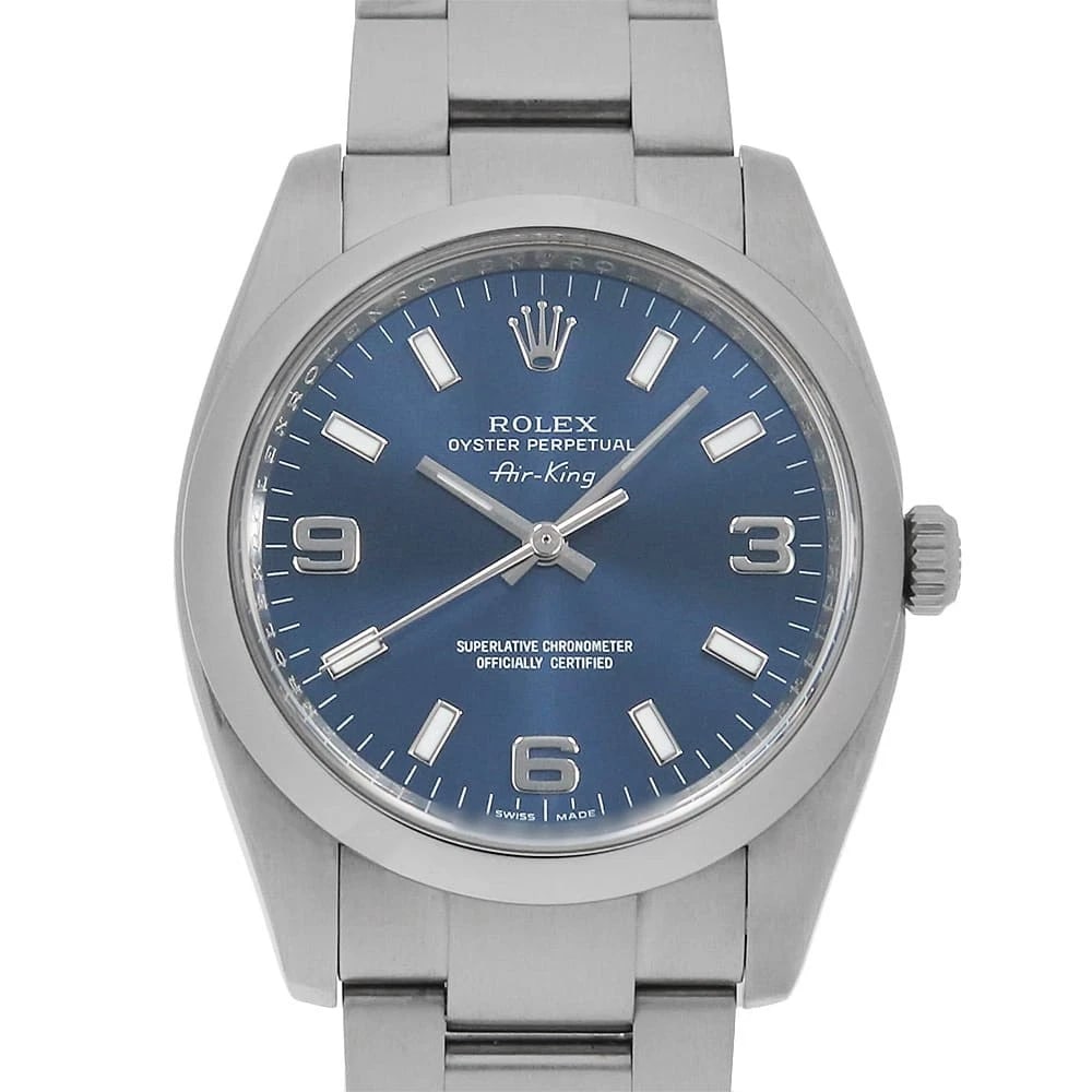 ROLEX AIR KING BLUE WHITE STAINLESS STEEL WATCH: ROLEx Air king blue white Stainless Steel Watch Brand: ROLEx Type/Style: Wrist watch Material: Band Material Stainless Steel, Case Material Stainless Steel Color: Dial Color Blue Size: Case:W34mm Circ