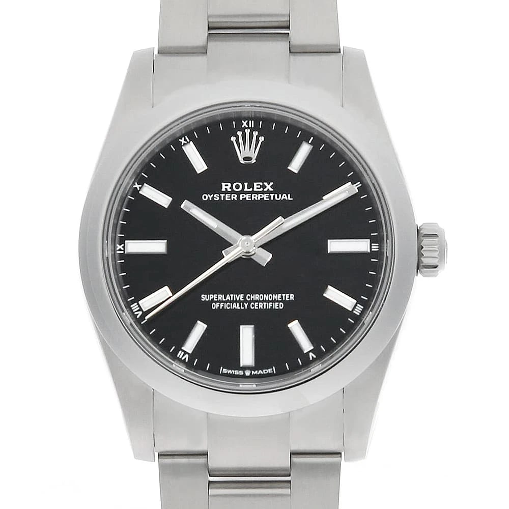 ROLEX OYSTER PERPETUAL BLACK STAINLESS STEEL WATCH: ROLEx Oyster perpetual black Stainless Steel Watch Brand: ROLEx Type/Style: Wrist watch Material: Band Material Stainless Steel, Case Material Stainless Steel Color: Dial Color Black Size: Case:W34mm