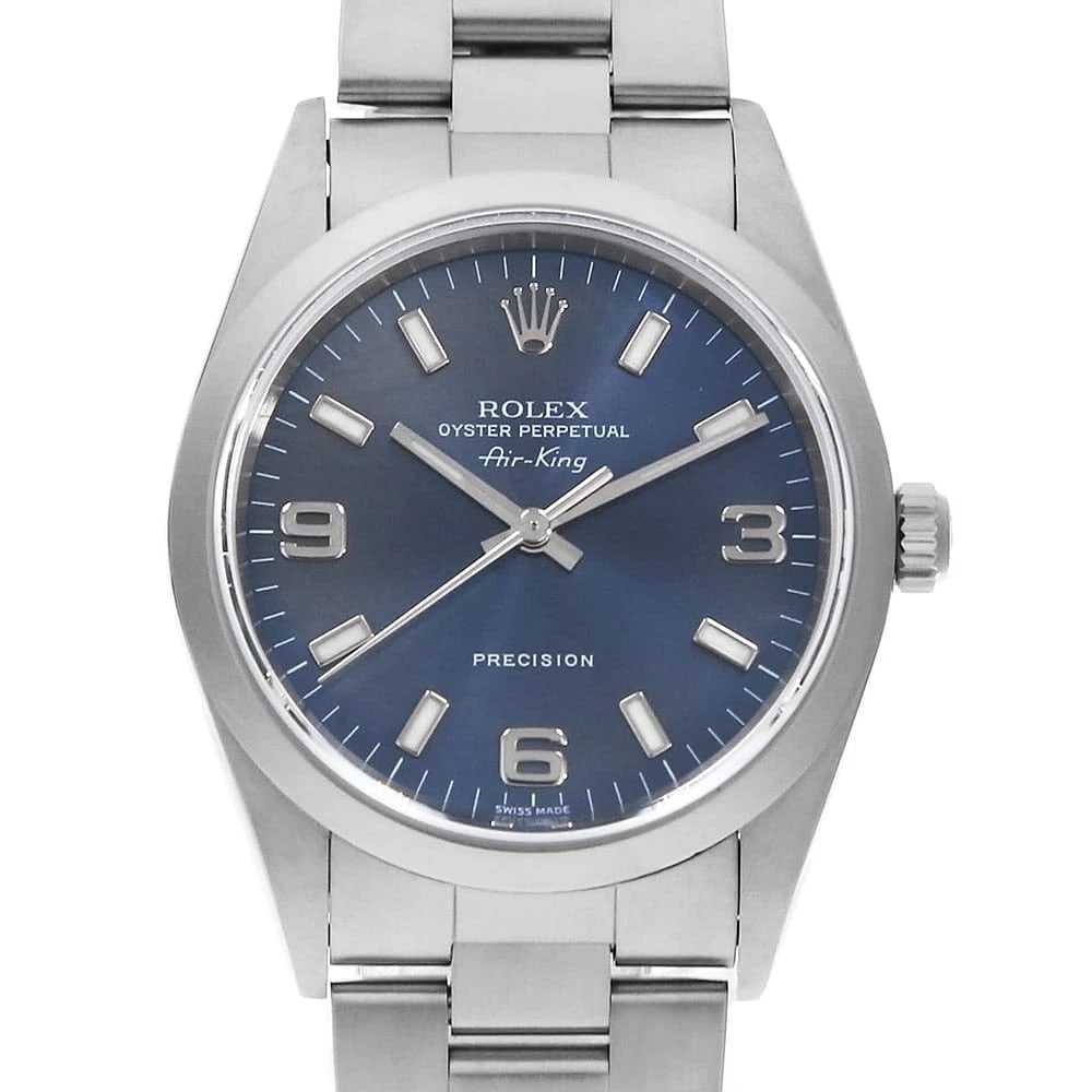 ROLEX AIR KING BLUE WHITE STAINLESS STEEL WATCH: ROLEx Air king blue White Stainless Steel Watch Brand: ROLEx Type/Style: Wrist watch Material: Band Material Stainless Steel, Case Material Stainless Steel Color: Dial Color Blue Size: Case:W34mm