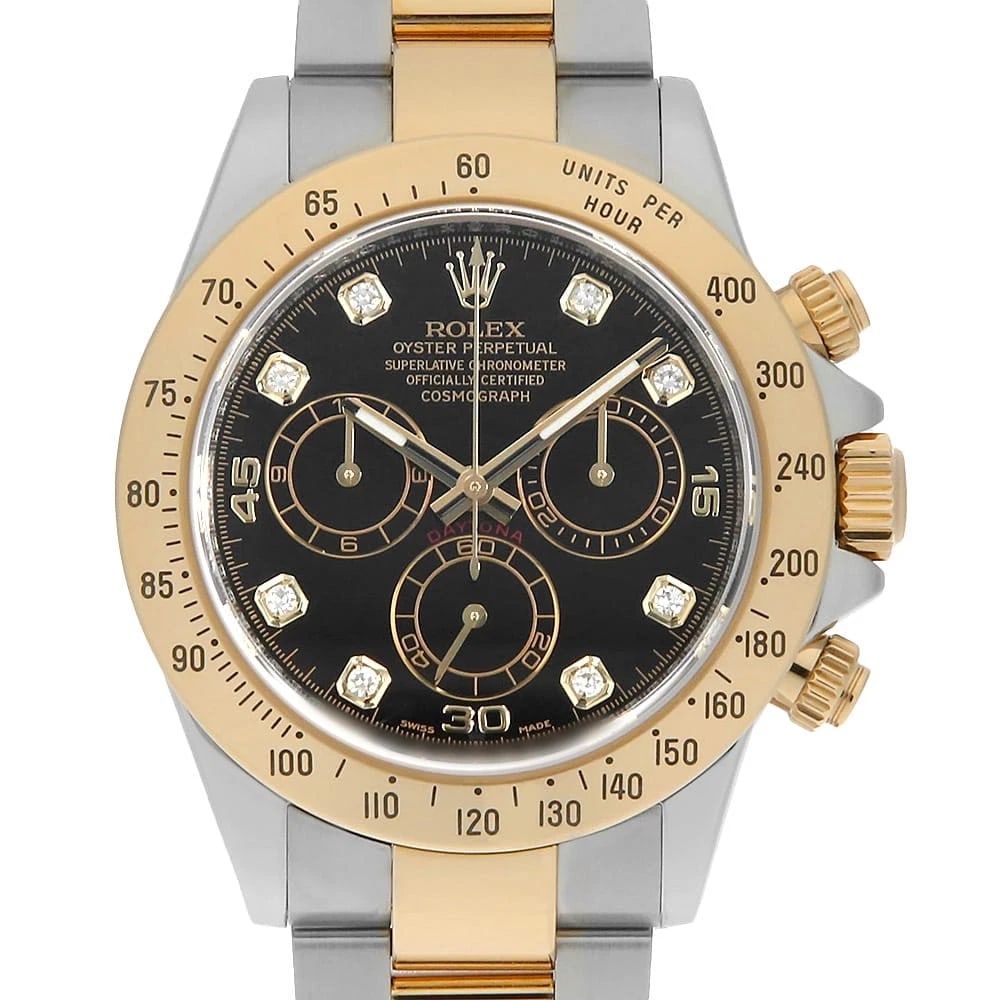 ROLEX COSMOGRAPH DAYTONA DIAMOND BLACK WATCH: ROLEx Cosmograph Daytona diamond black Watch Brand: ROLEx Type/Style: Wrist watch Material: Band Material Stainless Steel/Yellow Gold, Case Material Stainless Steel/Yellow Gold Color: Dial Color