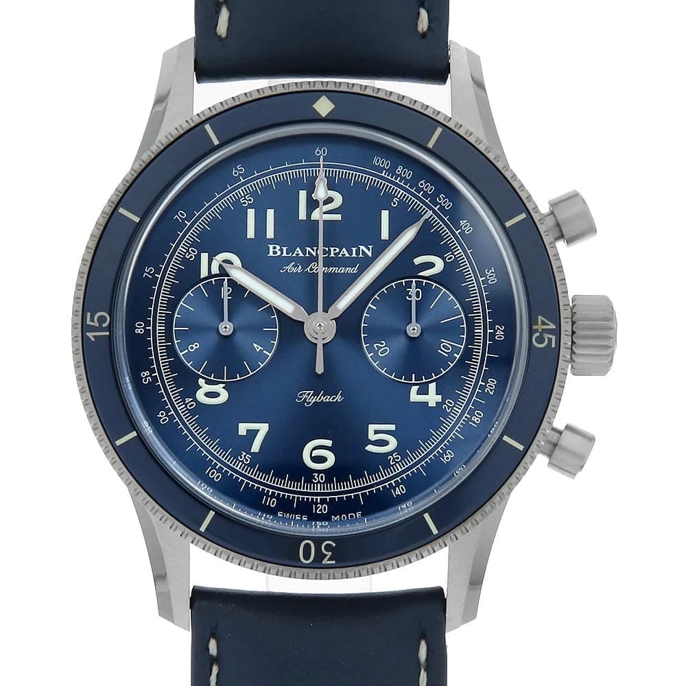 BLANCPAIN AIR COMMAND FLYBACK CHRONOGRAPH WATCH: BLANCPAIN Air Command Flyback Chronograph Watch Brand: BLANCPAIN Type/Style: Wrist watch Material: Band Material Calfskin, Case Material Titanium Color: Dial Color Blue Size: Case:W42.5mm