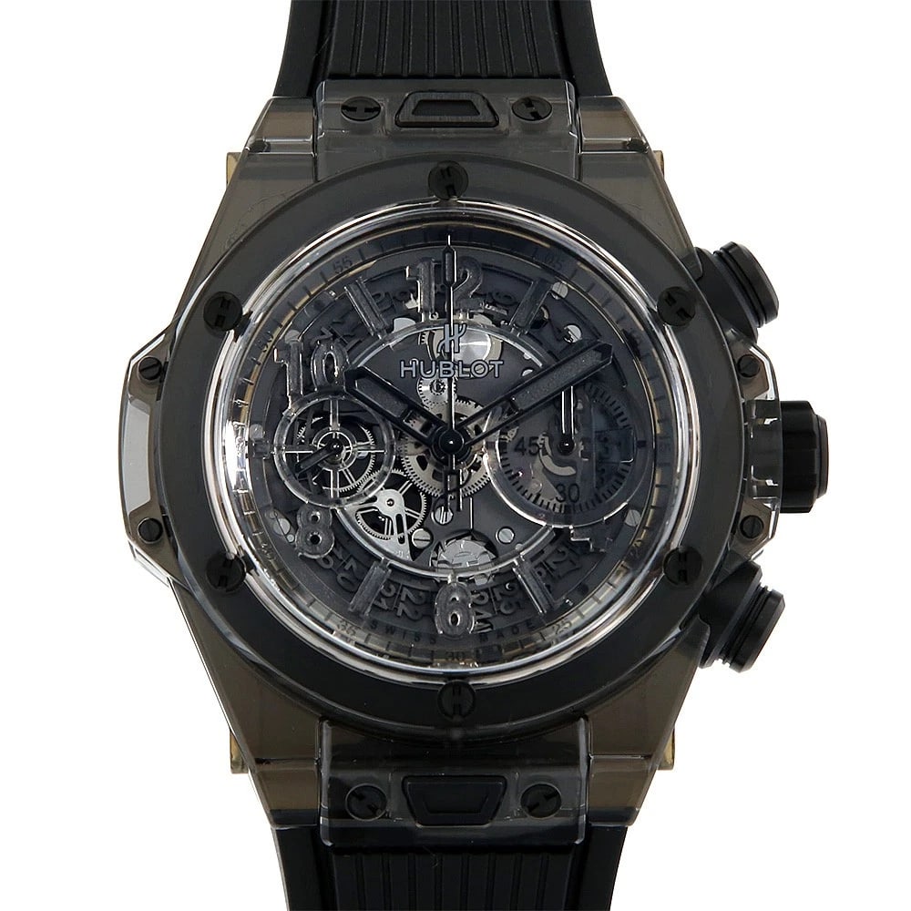 HUBLOT BIG BANG UNICO SAPPHIRE BLACK WATCH: HUBLOT Big Bang Unico Sapphire Black Watch Brand: HUBLOT Type/Style: Wrist watch Material: Band Material rubber, Case Material Sapphire Crystal Color: Dial Color Skeleton Size: Case:W45mm