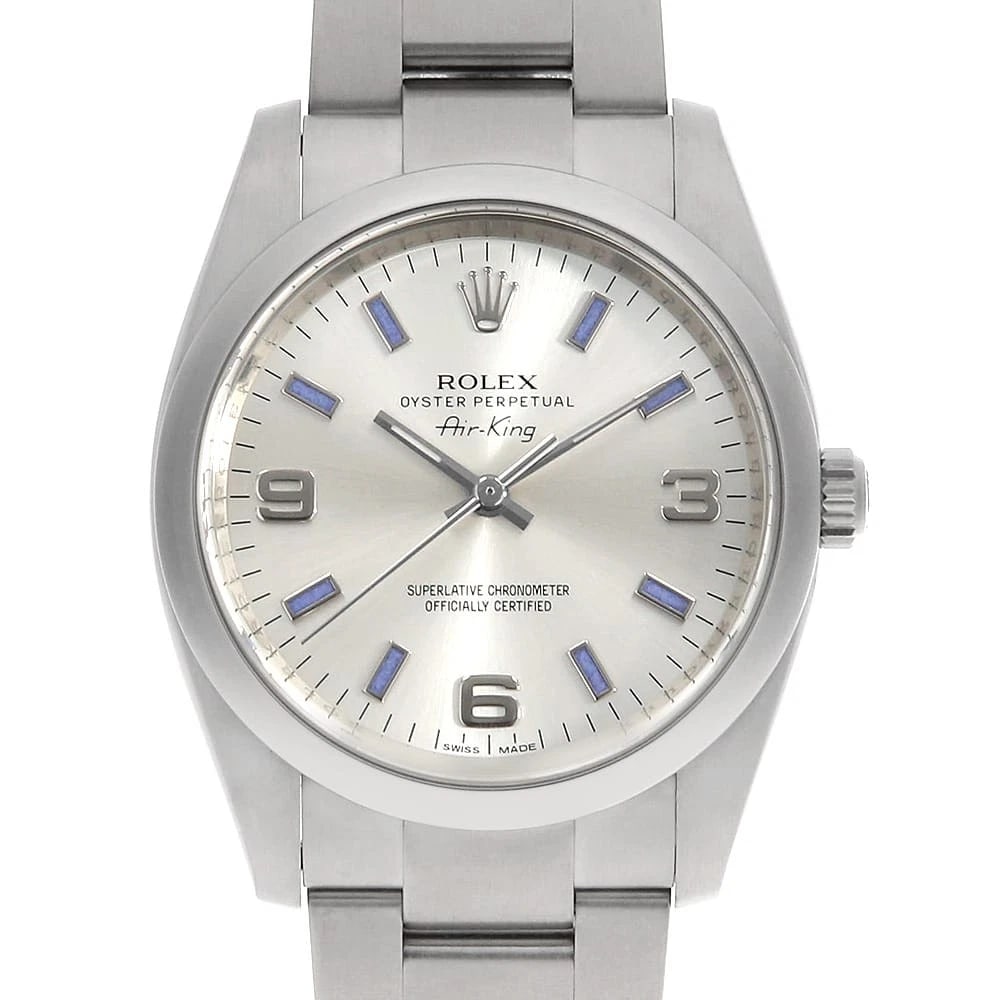 ROLEX AIR KING SILVER BLUE STAINLESS STEEL WATCH: ROLEx Air king Silver Blue Stainless Steel Watch Brand: ROLEx Type/Style: Wrist watch Material: Band Material Stainless Steel, Case Material Stainless Steel Color: Dial Color Silver Size: Case:W34mm