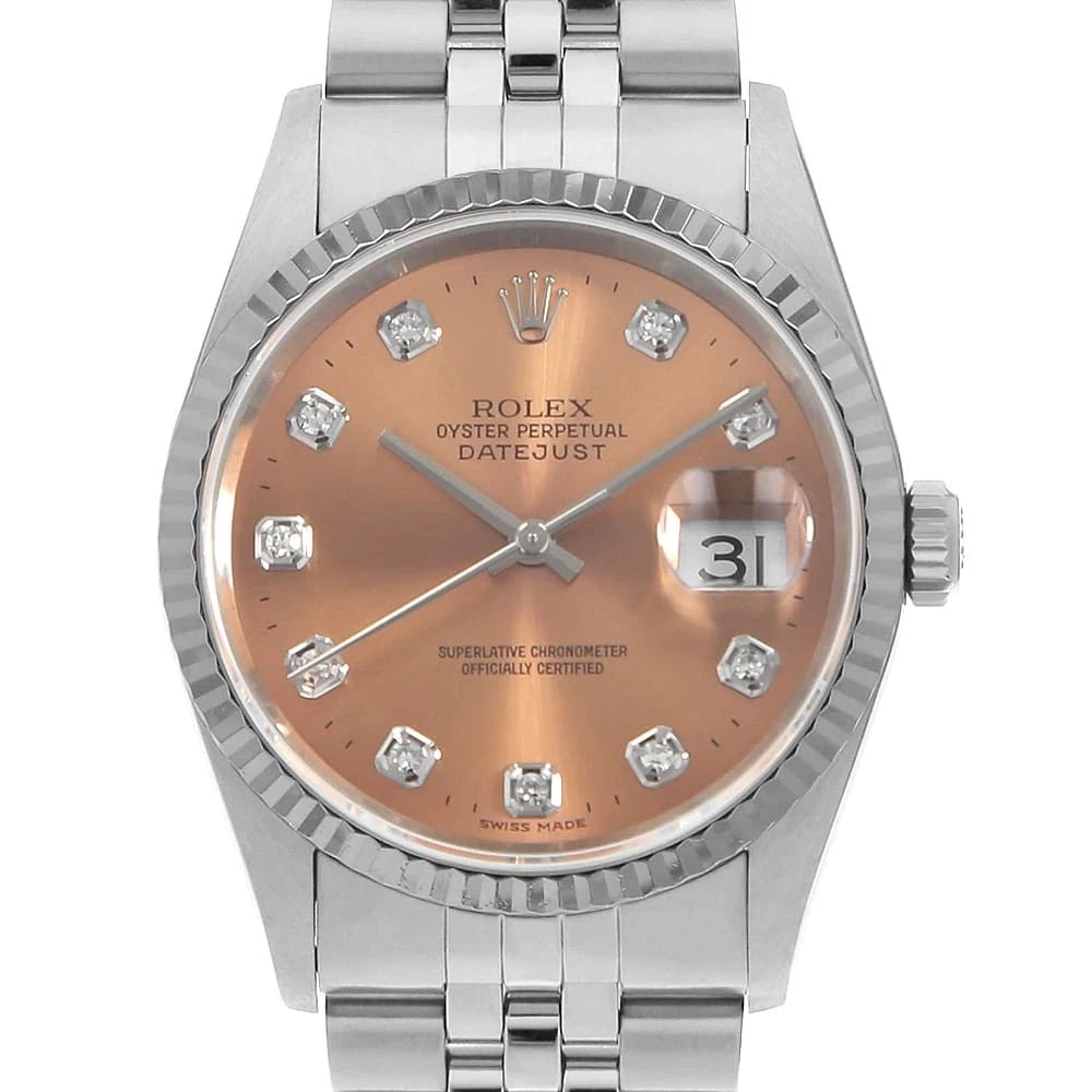 ROLEX DATEJUST DIAMOND PINK WATCH: ROLEx Datejust Diamond pink Watch Brand: ROLEx Type/Style: Wrist watch Material: Band Material Stainless Steel, Case Material Stainless Steel/White gold Color: Dial Color Pink Size: Case:W36mm