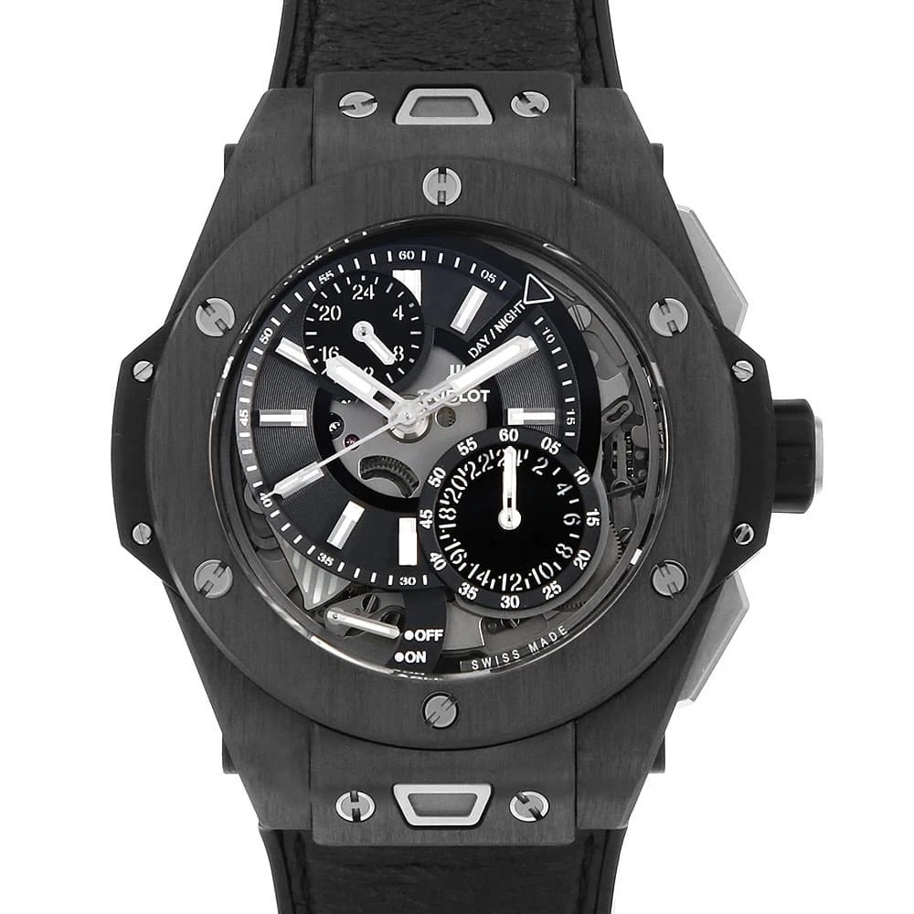 HUBLOT BIG BANG CARBON WATCH: HUBLOT Big Bang Carbon Watch Brand: HUBLOT Type/Style: Wrist watch Material: Band Material Calfskin, Case Material Carbon Color: Dial Color Skeleton Size: Case:W45mm Accessories: None Accessories