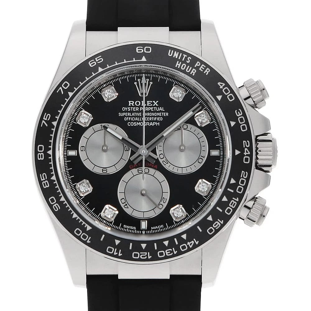 ROLEX COSMOGRAPH DAYTONA DIAMOND BLACK WATCH: ROLEx Cosmograph Daytona diamond black Watch Brand: ROLEx Type/Style: Wrist watch Material: Band Material rubber, Case Material White Gold Color: Dial Color Black Size: Case:WCircumference of
