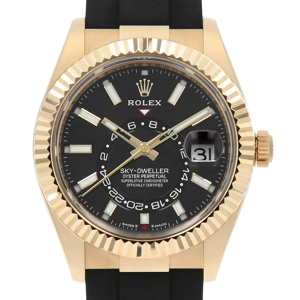 ROLEX SKY-DWELLER BLACK WATCH: ROLEx SKY-DWELLER black Watch Brand: ROLEx Type/Style: Wrist watch Material: Band Material rubber, Case Material Yellow Gold Color: Dial Color Black Size: Case:W42mm Circumference of Wrist:18.5cm