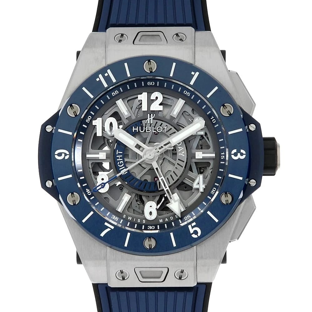 HUBLOT BIG BANG UNICO TITANIUM GMT BLUE CERAMIC WATCH: HUBLOT Big Bang Unico Titanium GMT Blue Ceramic Watch Brand: HUBLOT Type/Style: Wrist watch Material: Band Material rubber, Case Material titanium/ceramic Color: Dial Color Skeleton Size: Case:W45mm