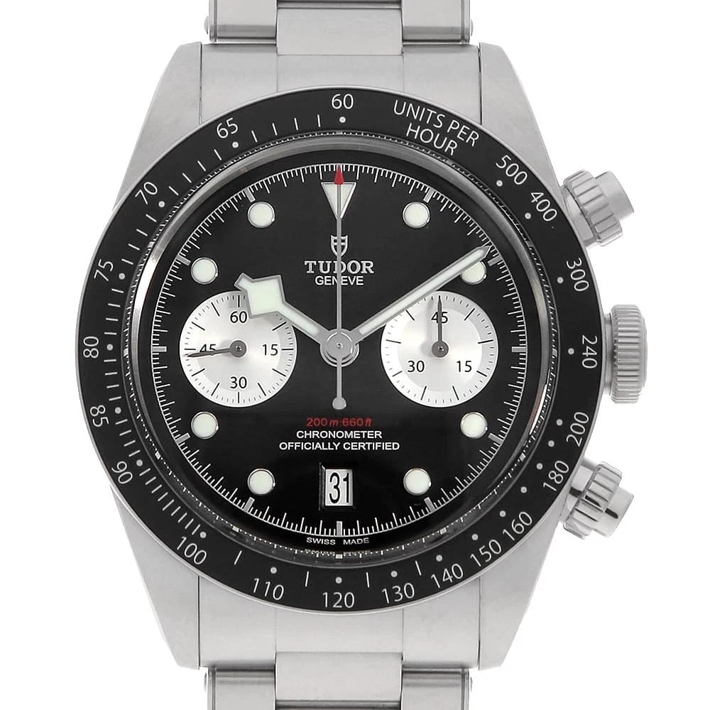 TUDOR BLACK CHRONO STAINLESS STEEL WATCH: TUDOR Black Chrono Stainless Steel Watch Brand: TUDOR Type/Style: Wrist watch Material: Band Material Stainless Steel, Case Material Stainless Steel Color: Dial Color Black Size: Case:W41mm
