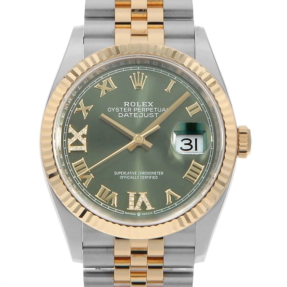 ROLEX DATEJUST DIAMOND OLIVE GREEN WATCH: ROLEx Datejust diamond Olive green Watch Brand: ROLEx Type/Style: Wrist watch Material: Band Material Stainless Steel/Yellow Gold, Case Material Stainless Steel/Yellow Gold Color: Dial Color Olive