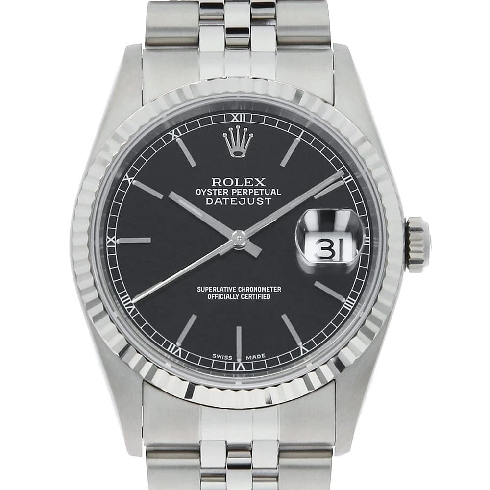 ROLEX DATEJUST BLACK STAINLESS STEEL WATCH: ROLEx Datejust black Stainless Steel Watch Brand: ROLEx Type/Style: Wrist watch Material: Band Material Stainless Steel, Case Material Stainless Steel/White gold Color: Dial Color Black Size: