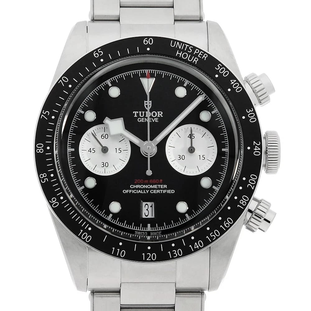 TUDOR BLACK CHRONO STAINLESS STEEL WATCH: TUDOR Black Chrono Stainless Steel Watch Brand: TUDOR Type/Style: Wrist watch Material: Band Material Stainless Steel, Case Material Stainless Steel Color: Dial Color Black Size: Case:W41mm