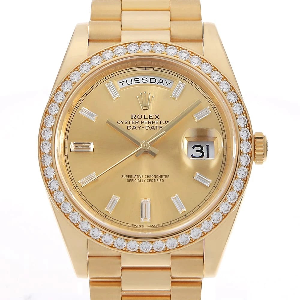 ROLEX DATE BEZEL DIAMOND BAGUETTE WATCH: ROLEx Date Bezel Diamond Baguette Watch Brand: ROLEx Type/Style: Wrist watch Material: Band Material Yellow Gold, Case Material Yellow Gold Color: Dial Color Champagne Gold Size: Case:WCircumference