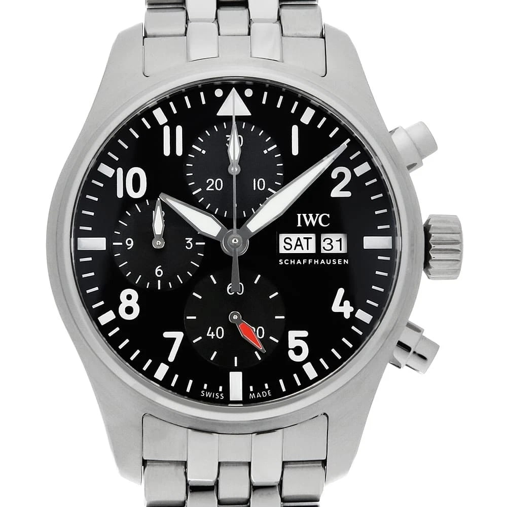 IWC PILOT WATCH CHRONOGRAPH WATCH: IWC Pilot watch chronograph Watch Brand: IWC Type/Style: Wrist watch Material: Band Material Stainless Steel, Case Material Stainless Steel Color: Dial Color Black Size: Case:W41mm Circumference of