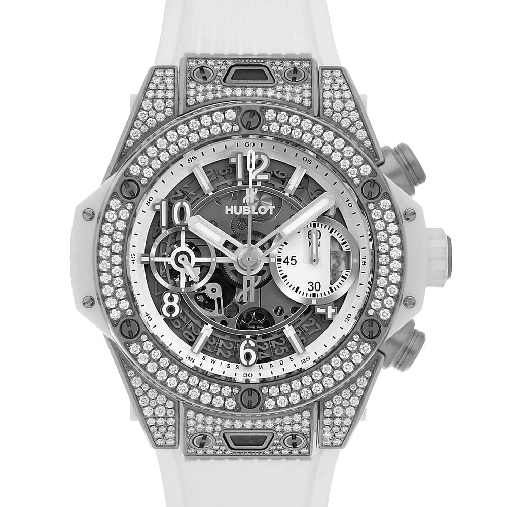 HUBLOT BIG BANG UNICO TITANIUM WHITE WATCH: HUBLOT Big Bang Unico Titanium White Watch Brand: HUBLOT Type/Style: Wrist watch Material: Band Material rubber, Case Material Titanium Color: Dial Color Skeleton Size: Case:W42mm Accessories: None