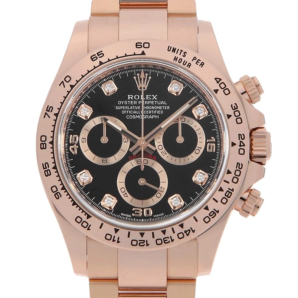ROLEX COSMOGRAPH DAYTONA DIAMOND BLACK WATCH: ROLEx Cosmograph Daytona diamond black Watch Brand: ROLEx Type/Style: Wrist watch Material: Band Material Everose Gold, Case Material Everose Gold Color: Dial Color Black Size: Case:WCircumference of