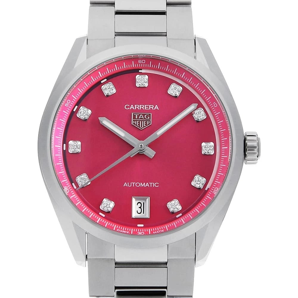 TAG HEUER CARRERA DATE STAINLESS STEEL WATCH: TAG Heuer Carrera Date Stainless Steel Watch Brand: TAG Heuer Type/Style: Wrist watch Material: Band Material Stainless Steel, Case Material Stainless Steel Color: Dial Color Pink Size: Case:W36mm