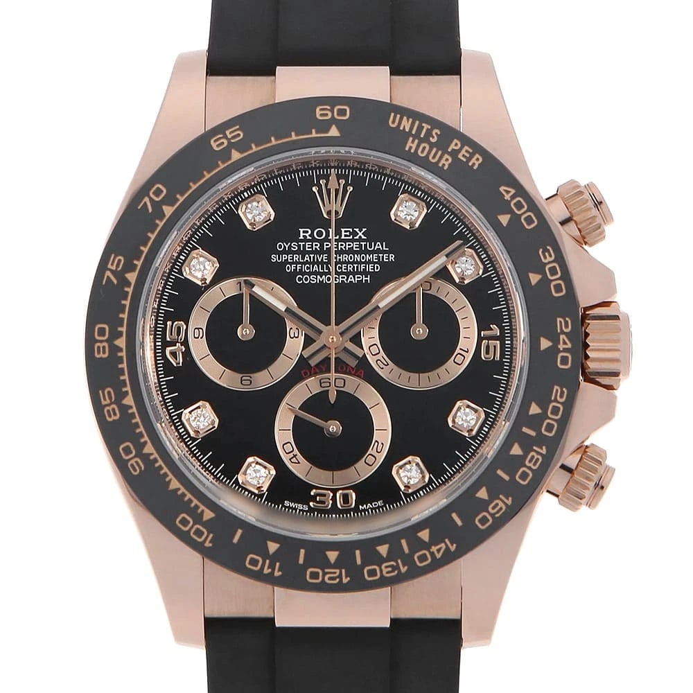 ROLEX COSMOGRAPH DAYTONA DIAMOND BLACK WATCH: ROLEx Cosmograph Daytona diamond black Watch Brand: ROLEx Type/Style: Wrist watch Material: Band Material rubber, Case Material Everose Gold Color: Dial Color Black Size: Case:WCircumference of Wrist: