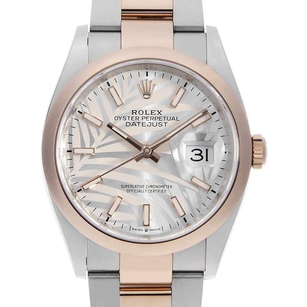 ROLEX DATEJUST SILVER PALM MOTIF OYSTER WATCH: ROLEx DATEJUST Silver Palm motif oyster Watch Brand: ROLEx Type/Style: Wrist watch Material: Band Material Stainless Steel/Everose Gold, Case Material Stainless Steel/Everose Gold Color: Dial Color Si