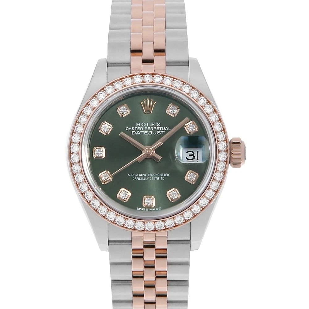 ROLEX DATEJUST BEZEL DIAMOND OLIVE GREEN WATCH: ROLEx Datejust bezel diamond Olive green Watch Brand: ROLEx Type/Style: Wrist watch Material: Band Material Stainless Steel/Everose Gold, Case Material Stainless Steel/Everose Gold Color: Dial Color O