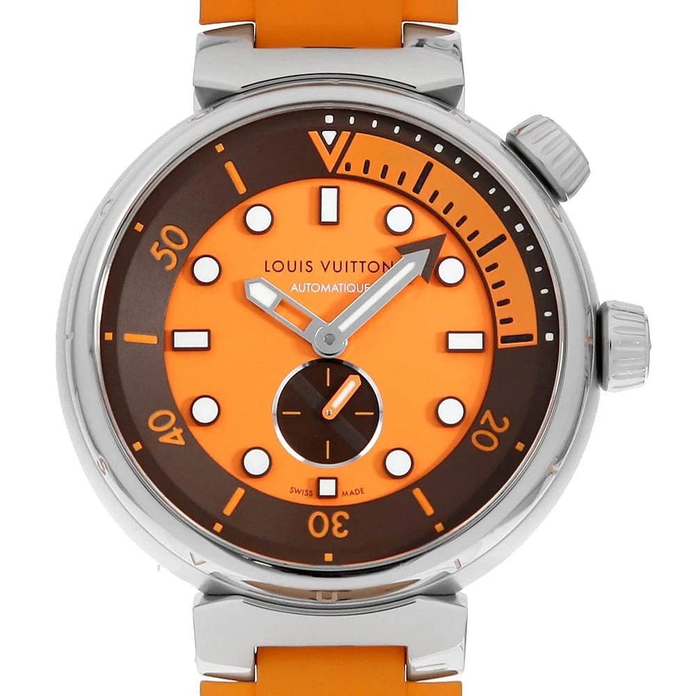 LOUIS VUITTON TAMBOUR AUTOMATIC STAINLESS STEEL WATCH: LOUIS VUITTON Tambour Automatic Stainless Steel Watch Brand: LOUIS VUITTON Type/Style: Wrist watch Material: Band Material rubber, Case Material Stainless Steel Color: Dial Color Orange Size: Case:W44