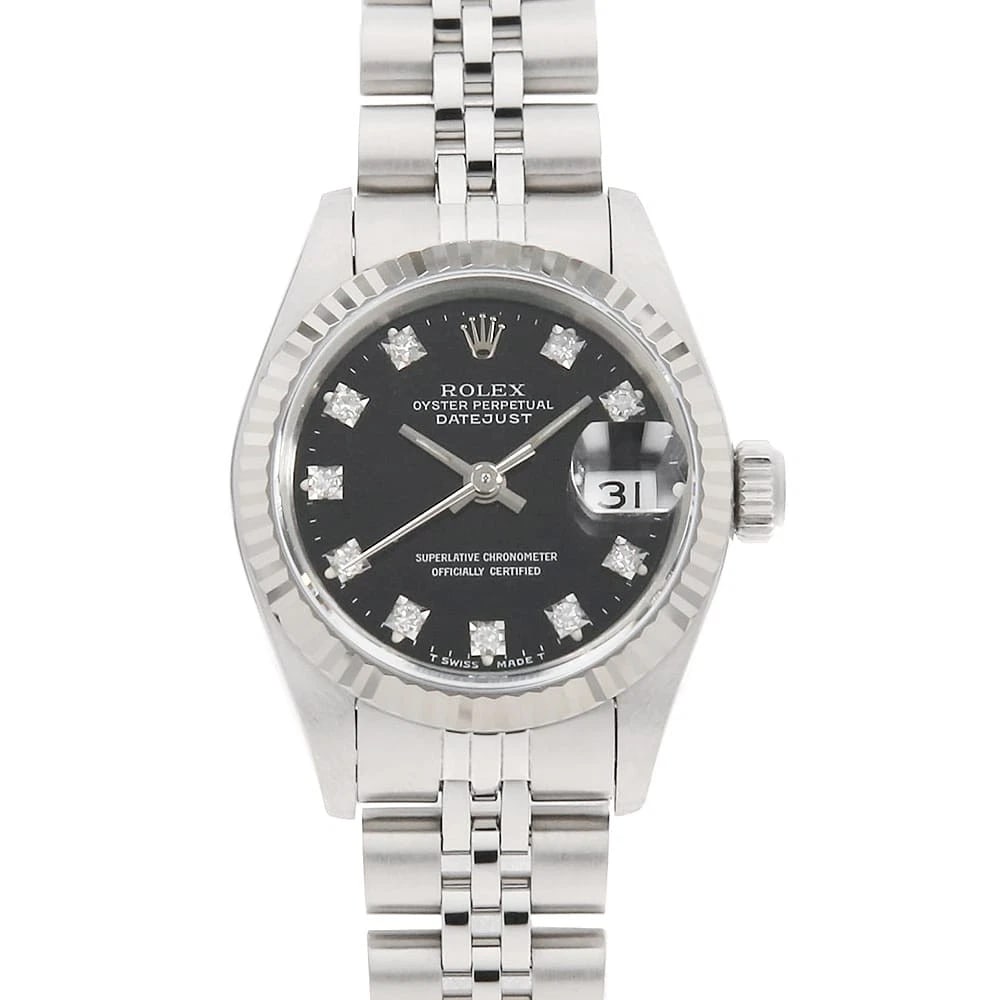 ROLEX DATEJUST DIAMOND BLACK WATCH: ROLEx Datejust Diamond black Watch Brand: ROLEx Type/Style: Wrist watch Material: Band Material Stainless Steel, Case Material Stainless Steel/White gold Color: Dial Color Black Size: Case:W26mm Circu
