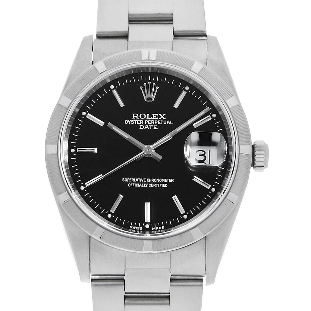 ROLEX OYSTER PERPETUAL DATE BLACK WATCH: ROLEx Oyster Perpetual Date black Watch Brand: ROLEx Type/Style: Wrist watch Material: Band Material Stainless Steel, Case Material Stainless Steel Color: Dial Color Black Size: Case:W34mm Circumferen
