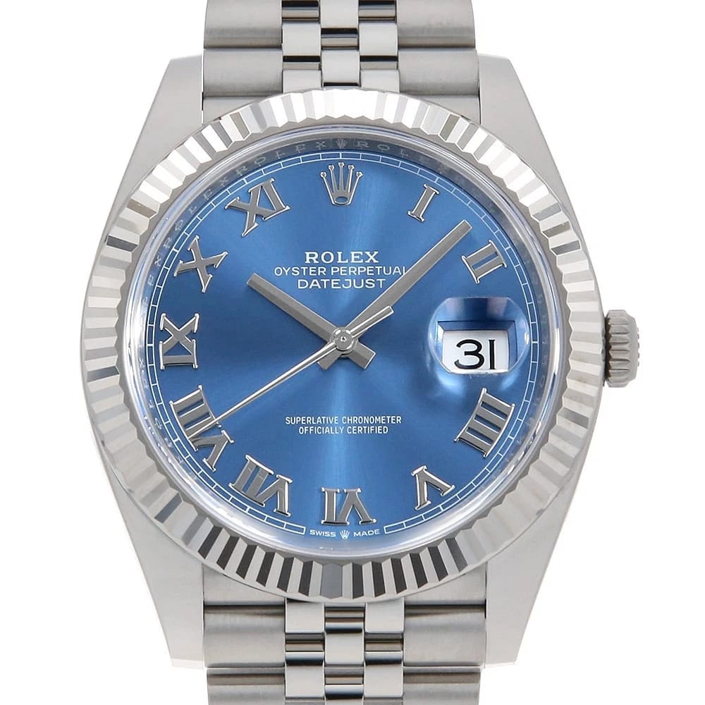 ROLEX DATEJUST BLUE STAINLESS STEEL WATCH: ROLEx Datejust blue Stainless Steel Watch Brand: ROLEx Type/Style: Wrist watch Material: Band Material Stainless Steel, Case Material Stainless Steel/White gold Color: Dial Color Blue Size: Case:W41mm